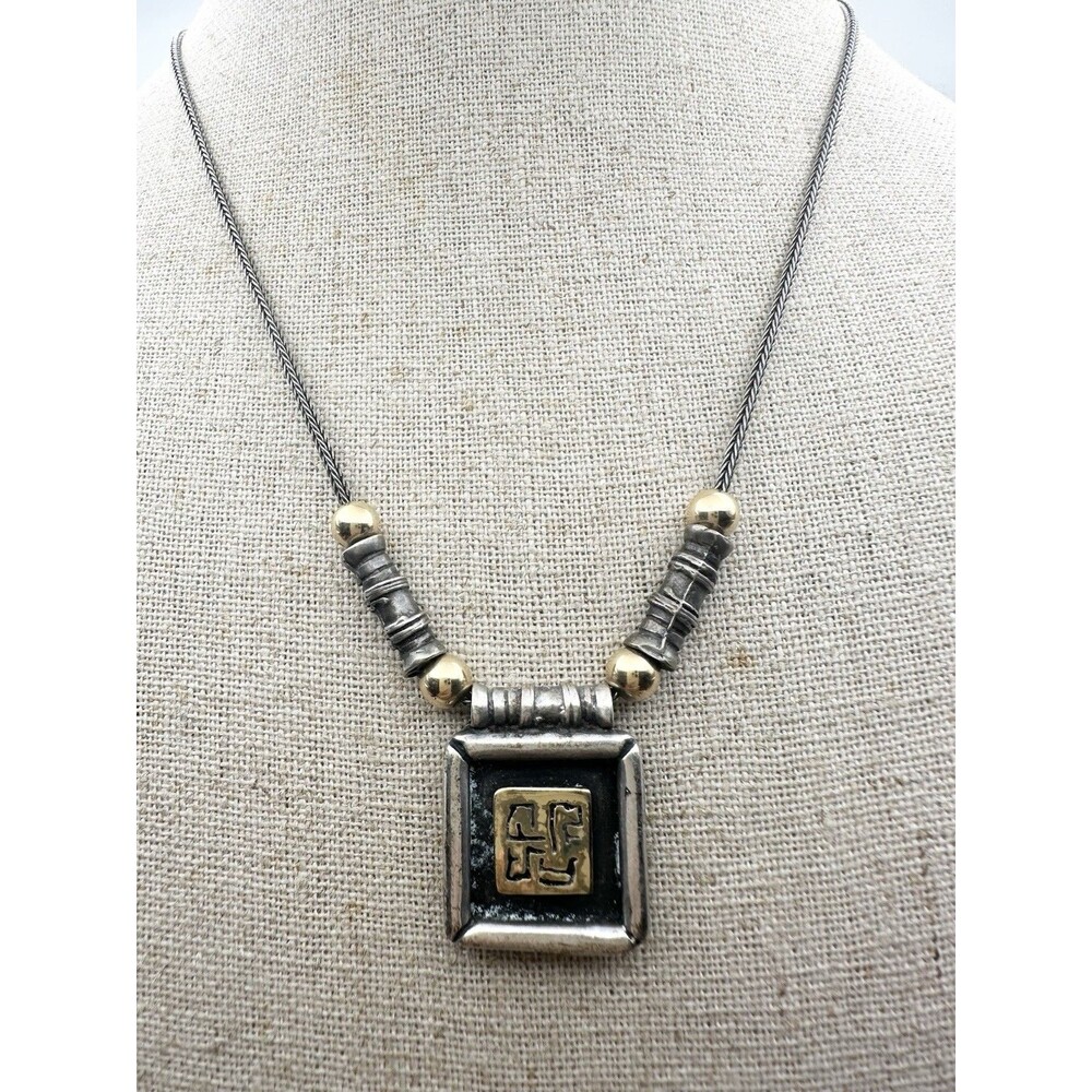 Vintage Sterling Silver & Gold Ethnic Pendant Collar Necklace 16.5”